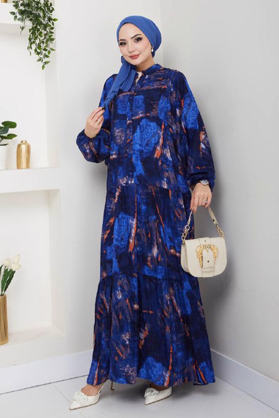 Tesettür giyim LACİVERT DESENLİ ELBİSE T 8877