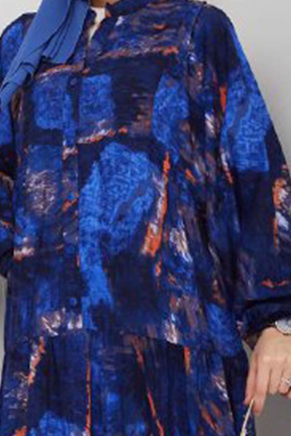 Tesettür giyim LACİVERT DESENLİ ELBİSE T 8877