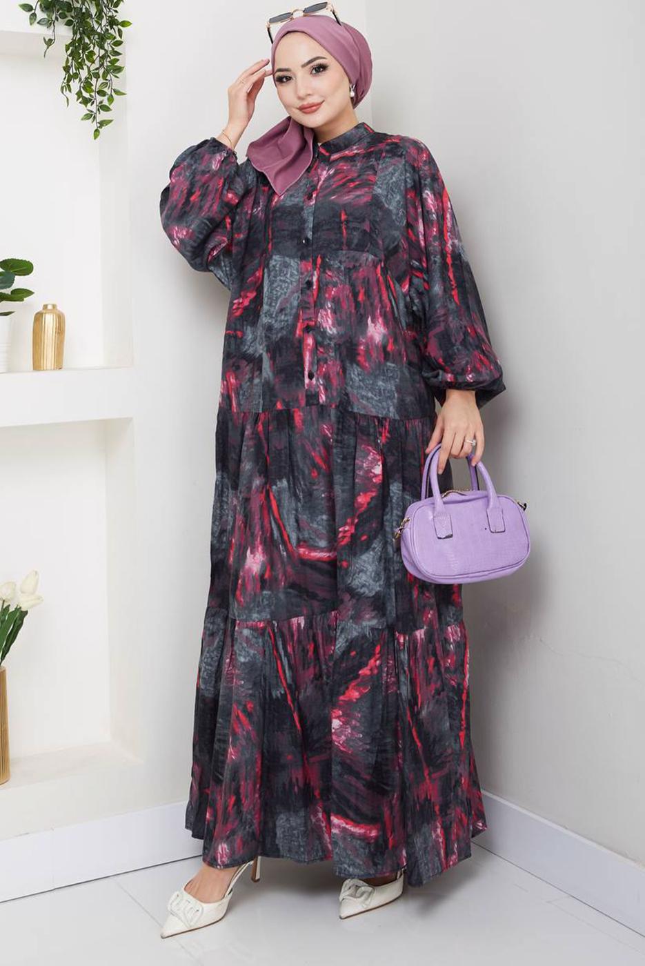 Tesettür giyim PEMBE DESENLİ ELBİSE T 8877