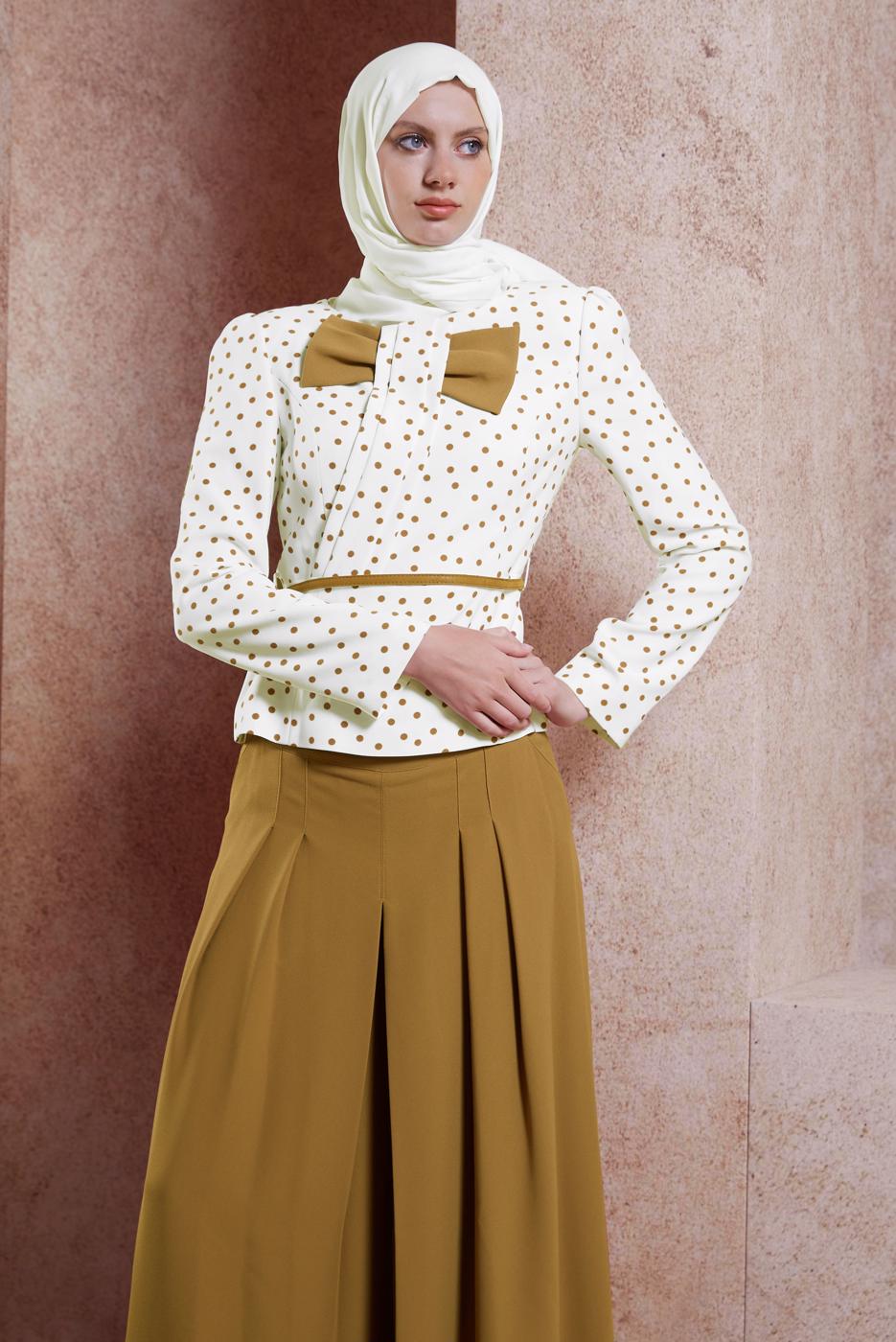 Tesettür giyim TABA ALVİNA PUANTİYELİ PANTOLONLU TAKIM T 3767