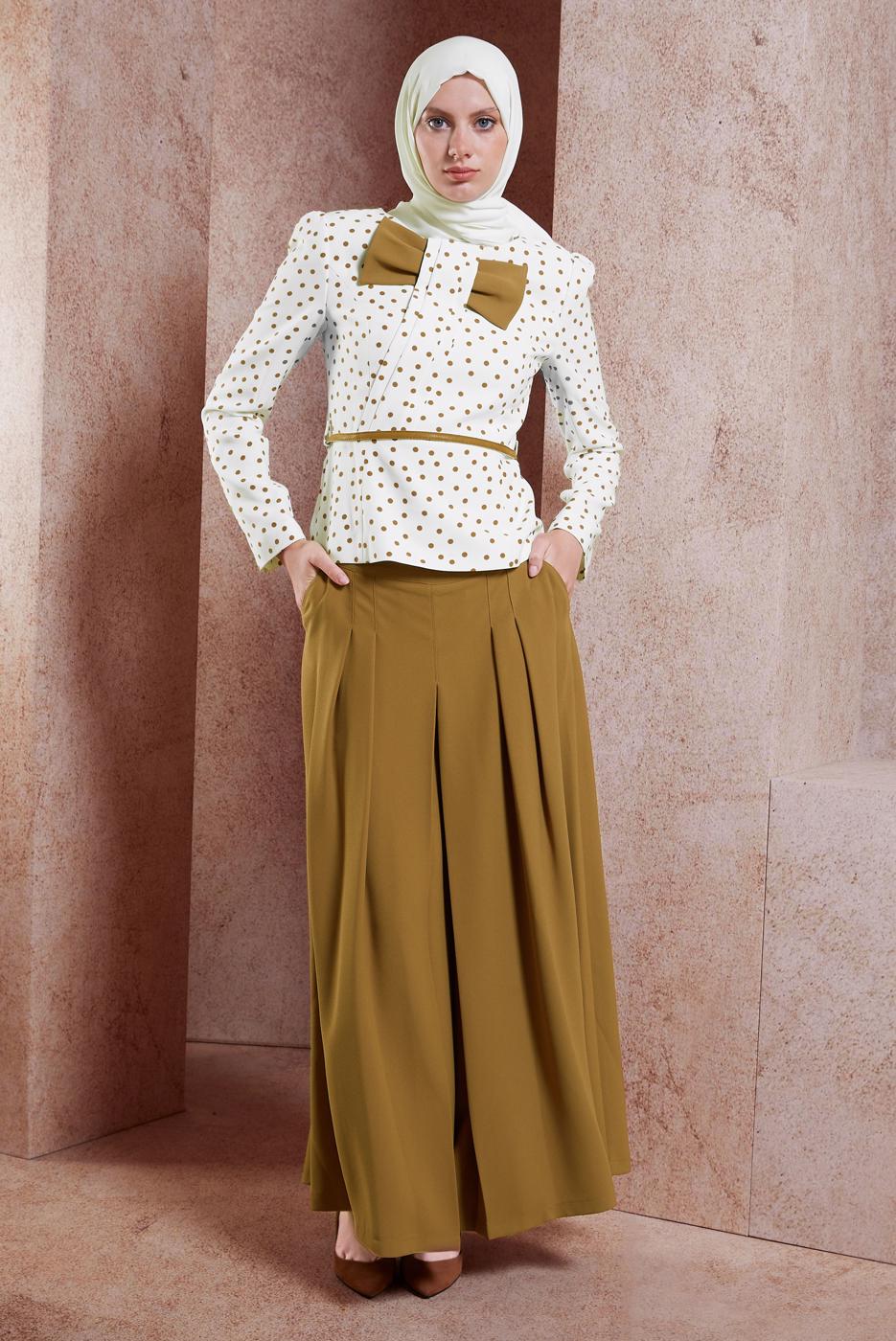 Tesettür giyim TABA ALVİNA PUANTİYELİ PANTOLONLU TAKIM T 3767