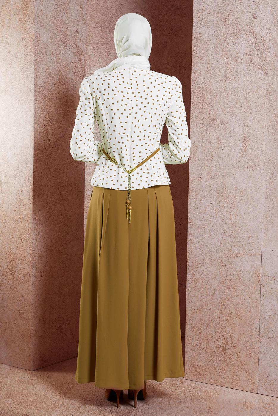 Tesettür giyim TABA ALVİNA PUANTİYELİ PANTOLONLU TAKIM T 3767