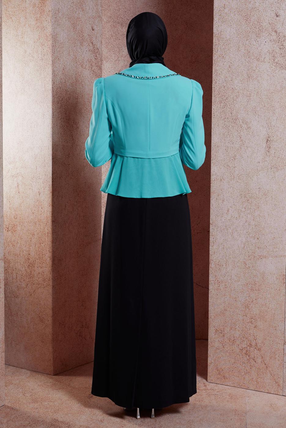 Tesettür giyim MAVİ ALVİNA CEKETLİ ELBİSELİ TAKIM T 3874