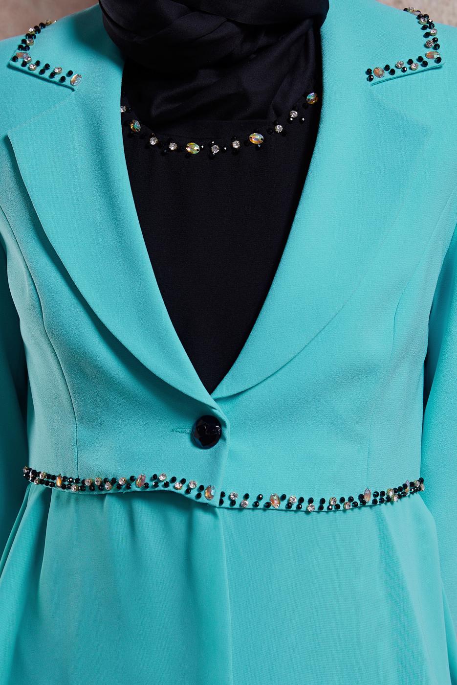 Tesettür giyim MAVİ ALVİNA CEKETLİ ELBİSELİ TAKIM T 3874