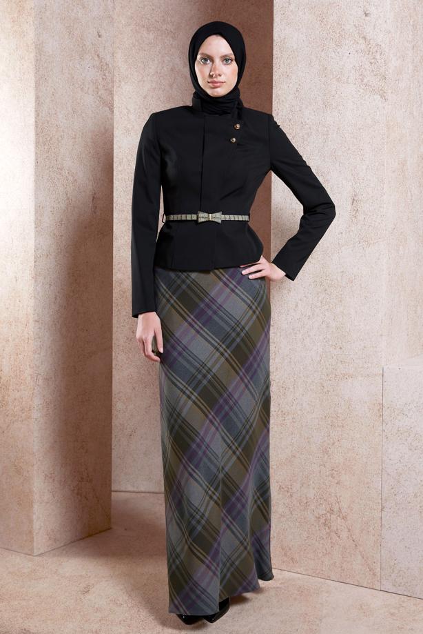 Hijab clothing BLACK ALVINA CHECKED SKIRTED SUIT T 3946E - TRENDTESETTÜR