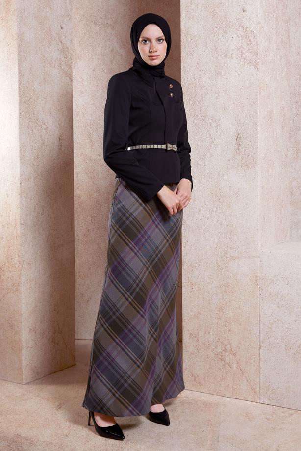 Hijab clothing BLACK ALVINA CHECKED SKIRTED SUIT T 3946E - TRENDTESETTÜR
