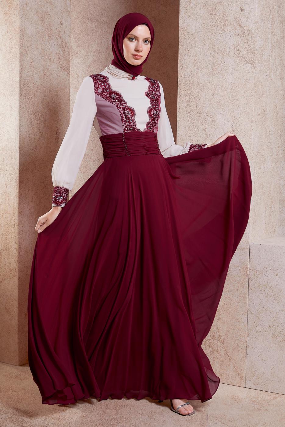 Tesettür giyim BORDO ALVİNA ŞİFON ABİYE ELBİSE T 5831