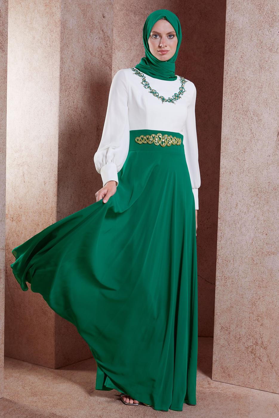 Tesettür giyim YEŞİL ALVİNA İŞLEMELİ ABİYE ELBİSE T 5945