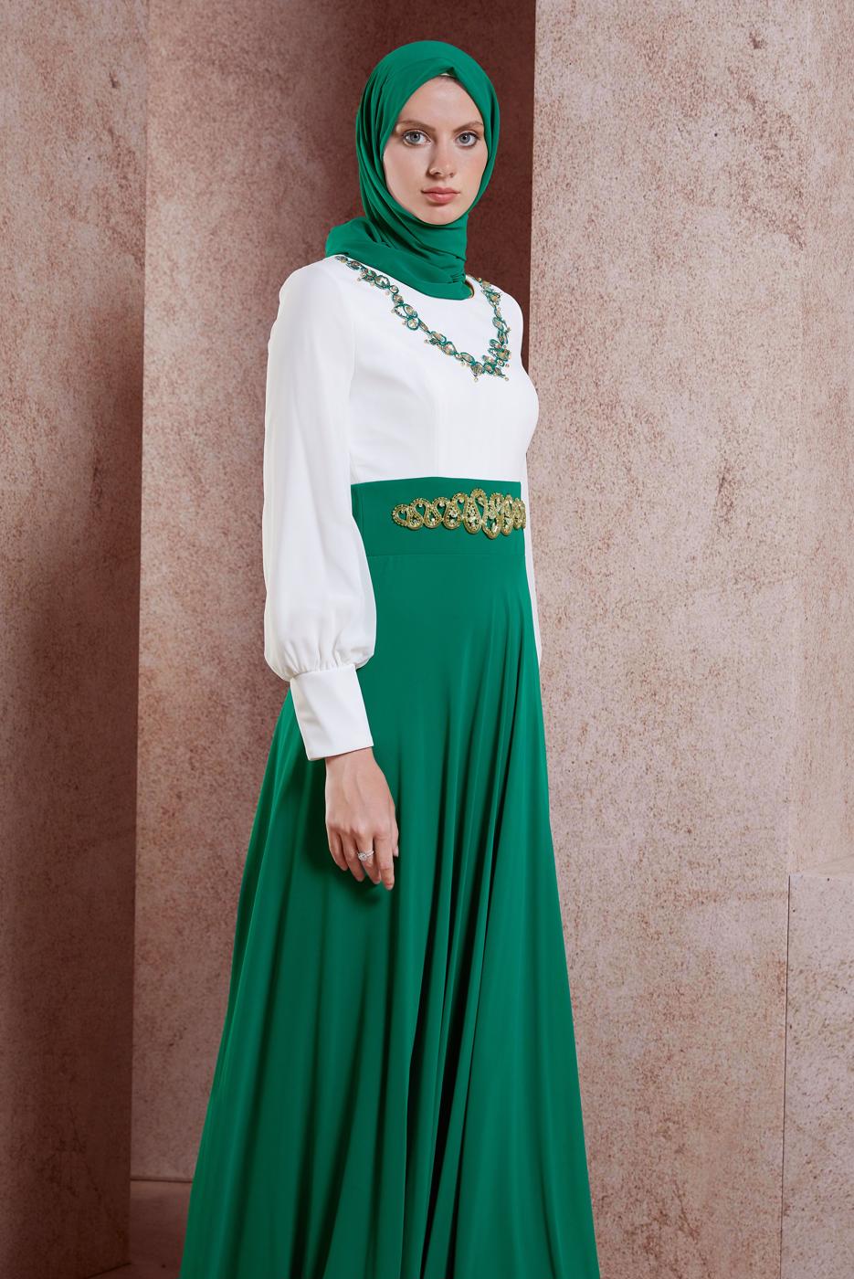 Tesettür giyim YEŞİL ALVİNA İŞLEMELİ ABİYE ELBİSE T 5945