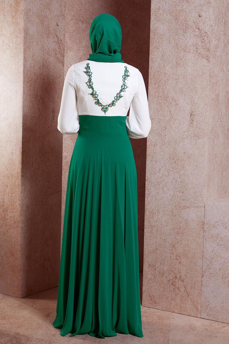 Tesettür giyim YEŞİL ALVİNA İŞLEMELİ ABİYE ELBİSE T 5945