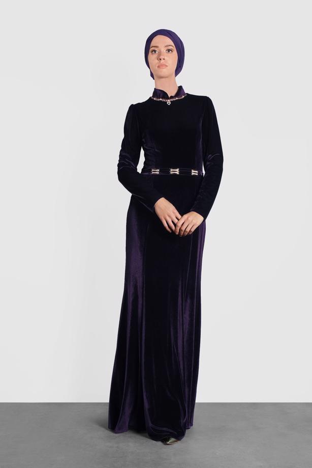 Hijab clothing PURPLE ALVINA VELVET EVENING DRESS T 5964 - TRENDTESETTÜR