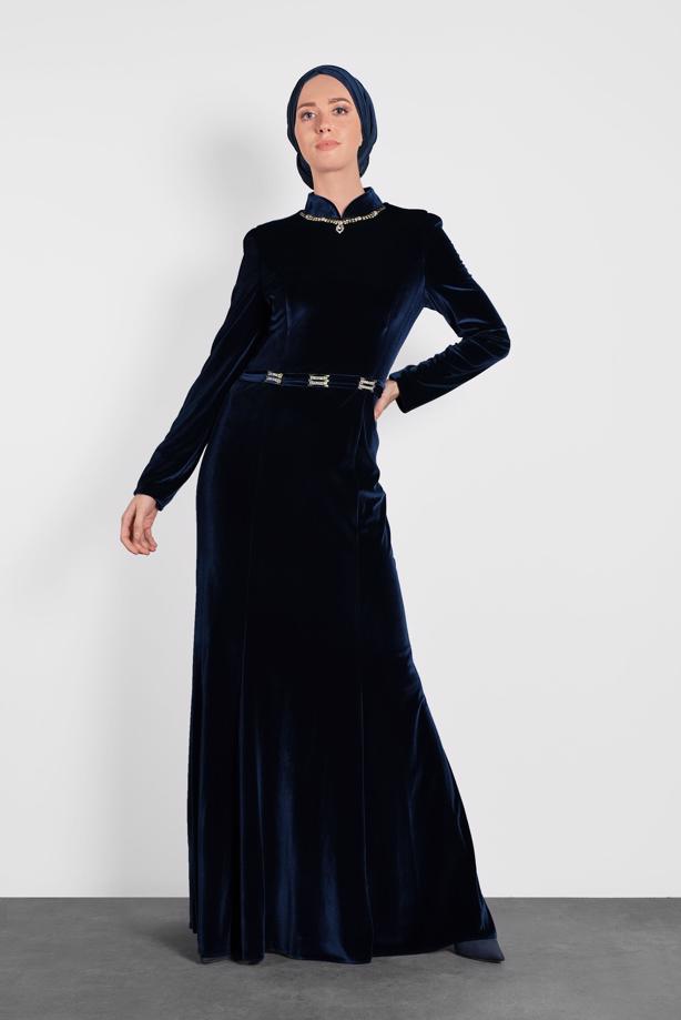 Hijab clothing NAVY BLUE ALVINA VELVET EVENING DRESS T 5964 - TRENDTESETTÜR