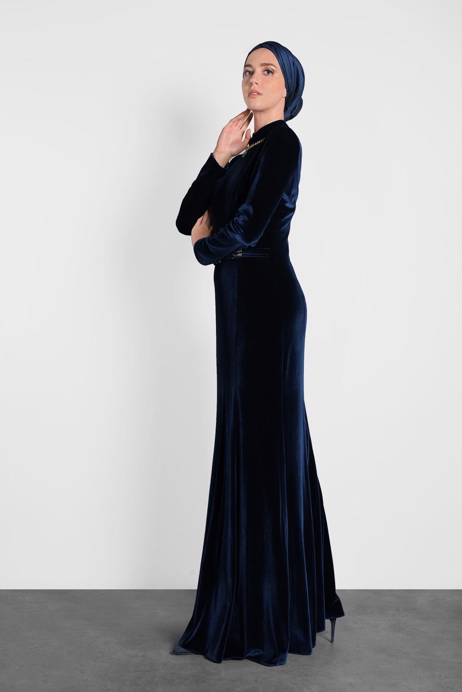 Tesettür giyim LACİVERT ALVİNA KADİFE ABİYE ELBİSE T 5964