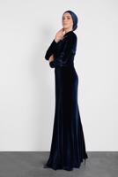 Tesettür giyim LACİVERT ALVİNA KADİFE ABİYE ELBİSE T 5964