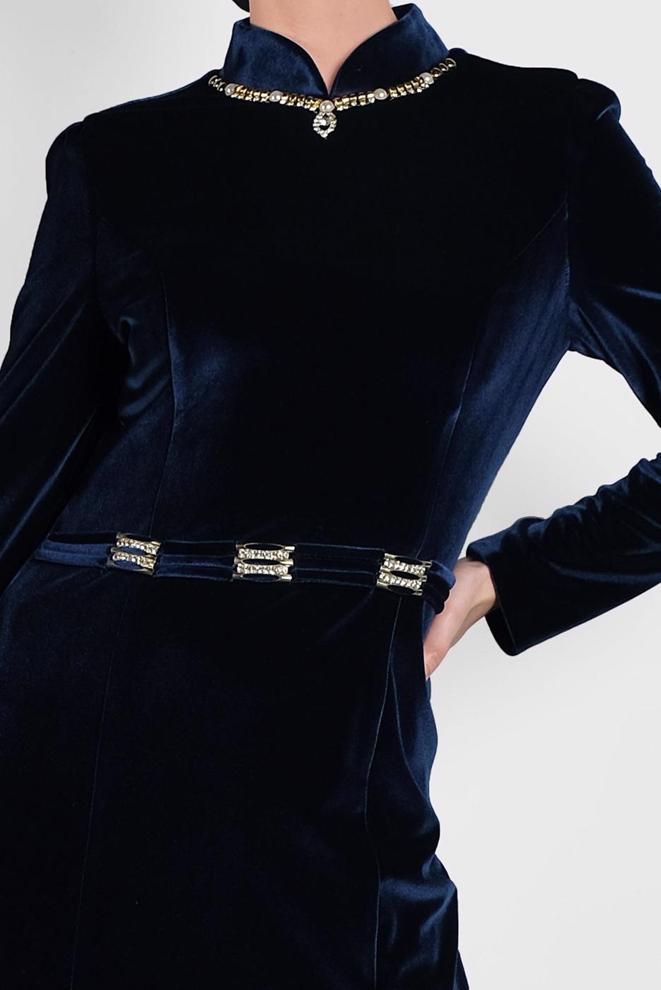 Tesettür giyim LACİVERT ALVİNA KADİFE ABİYE ELBİSE T 5964