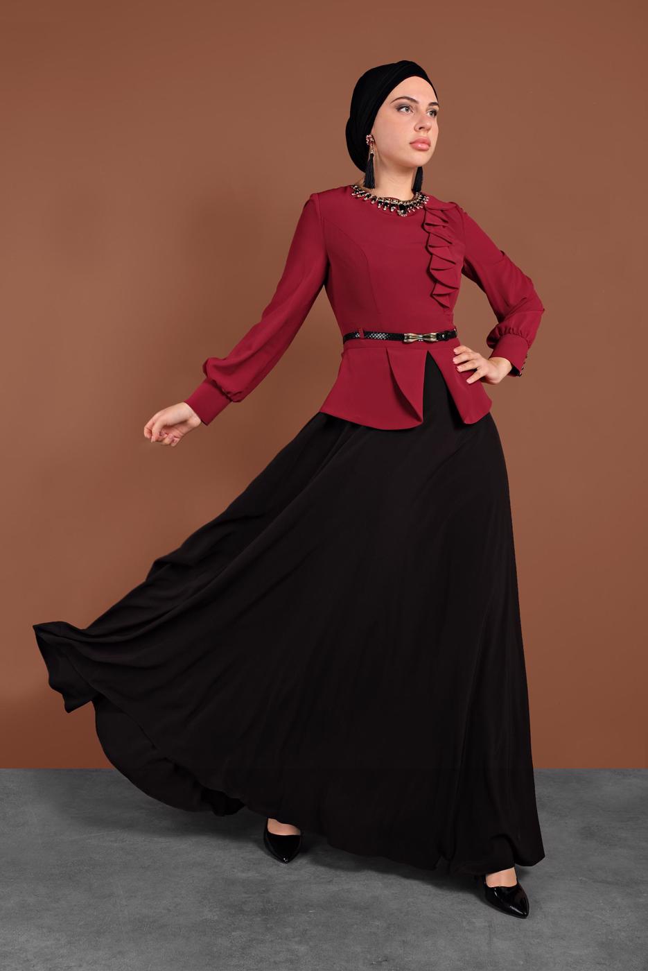 Tesettür giyim BORDO ALVİNA TAŞ DETAYLI ABİYE ELBİSE T 3048