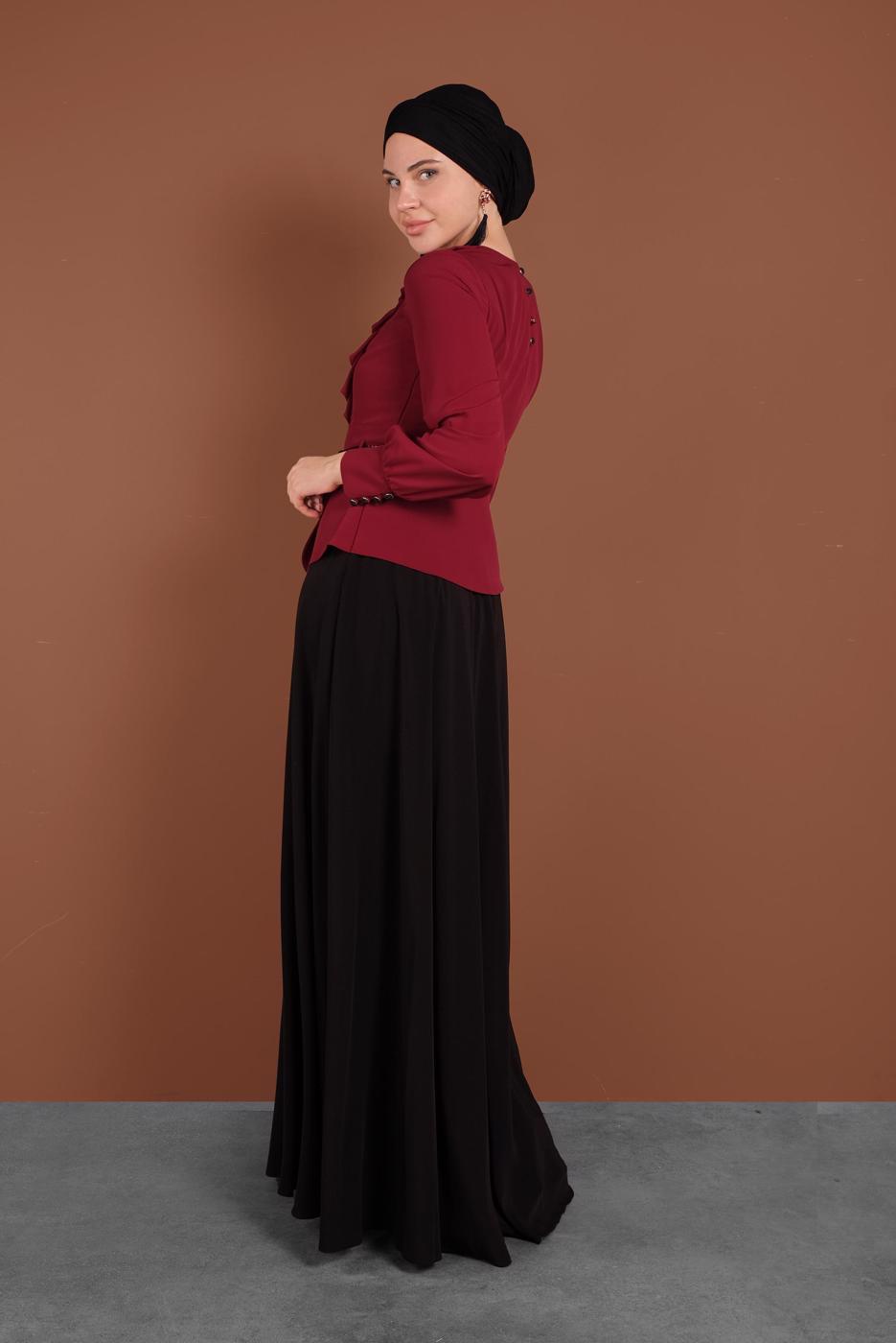 Tesettür giyim BORDO ALVİNA TAŞ DETAYLI ABİYE ELBİSE T 3048
