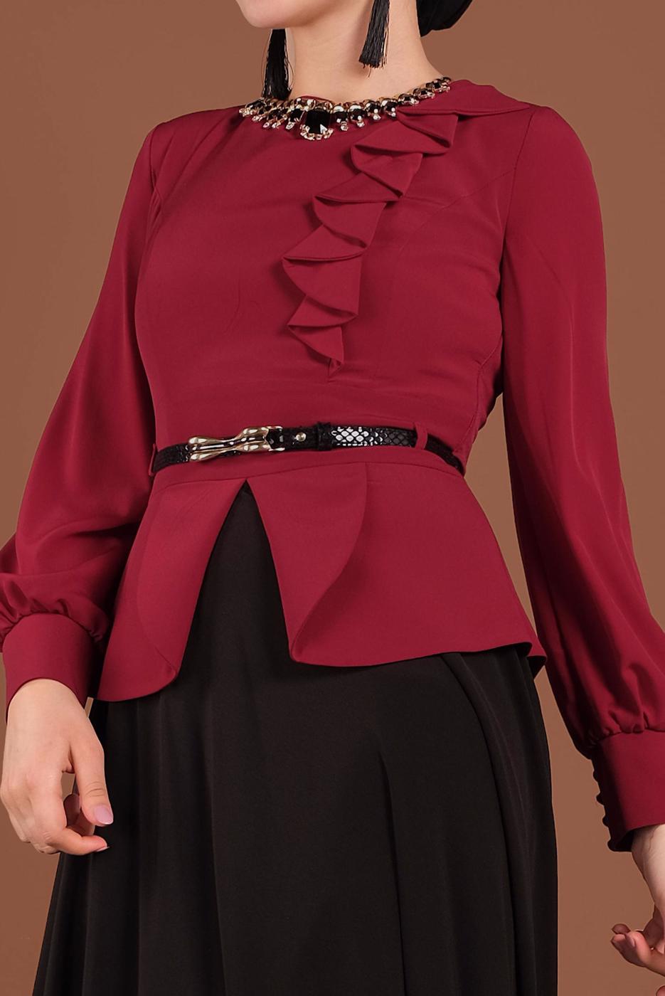 Tesettür giyim BORDO ALVİNA TAŞ DETAYLI ABİYE ELBİSE T 3048