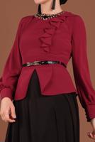 Tesettür giyim BORDO ALVİNA TAŞ DETAYLI ABİYE ELBİSE T 3048