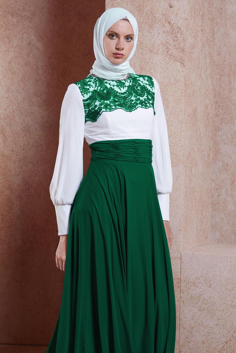 Tesettür giyim KREM ALVİNA ŞİFON ABİYE ELBİSE T 5887