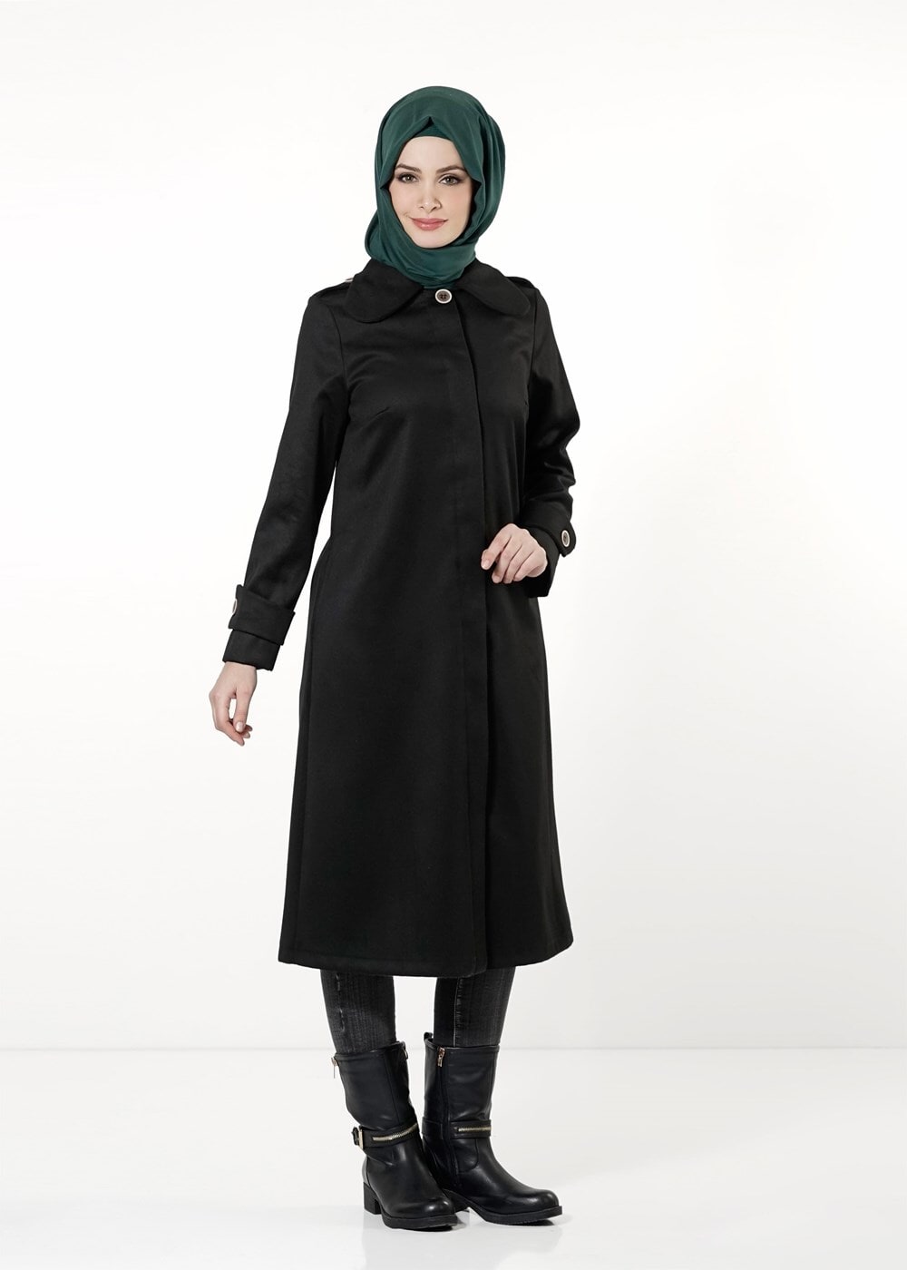 Tesettür giyim SİYAH BEBE YAKA GİZLİ DÜĞMELİ TRENÇKOT 8019