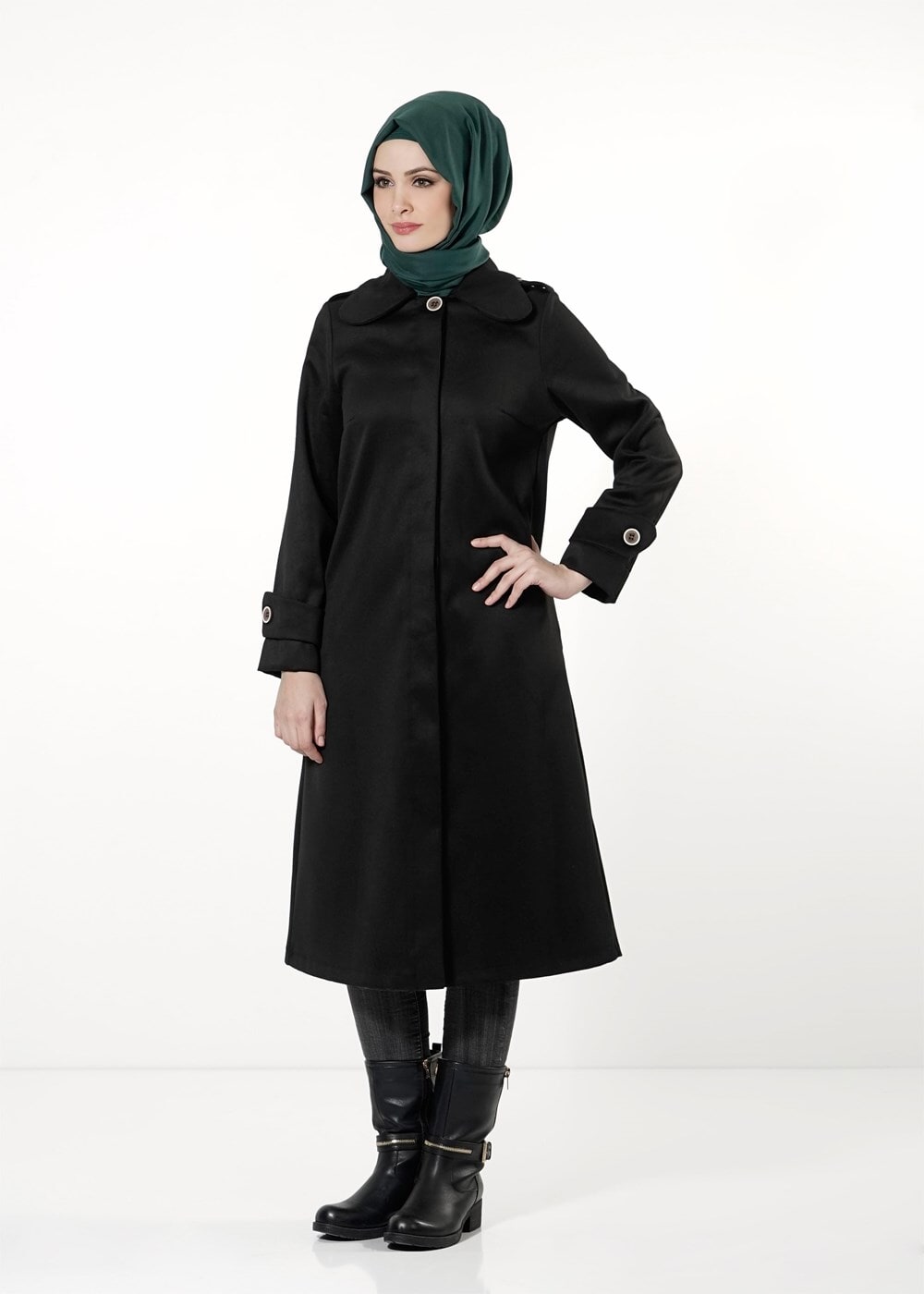 Tesettür giyim SİYAH BEBE YAKA GİZLİ DÜĞMELİ TRENÇKOT 8019