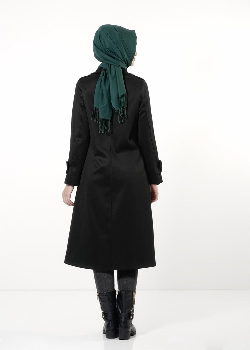 Tesettür giyim SİYAH BEBE YAKA GİZLİ DÜĞMELİ TRENÇKOT 8019