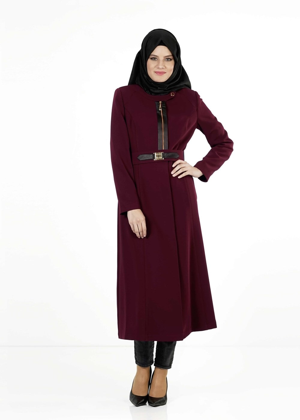 Tesettür giyim BORDO FERMUARLI KEMERLİ TRENÇKOT 1324