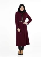 Tesettür giyim BORDO FERMUARLI KEMERLİ TRENÇKOT 1324