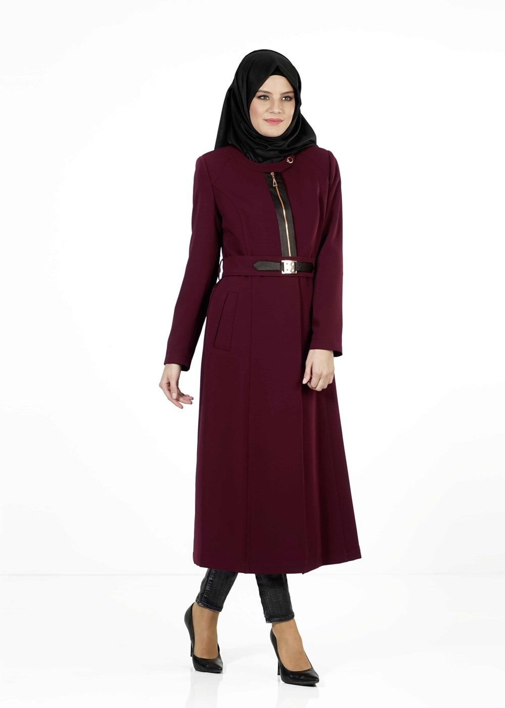 Tesettür giyim BORDO FERMUARLI KEMERLİ TRENÇKOT 1324