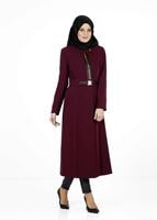 Tesettür giyim BORDO FERMUARLI KEMERLİ TRENÇKOT 1324