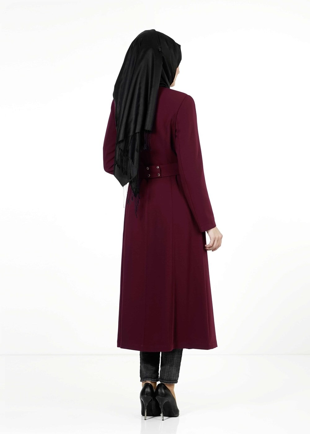 Tesettür giyim BORDO FERMUARLI KEMERLİ TRENÇKOT 1324