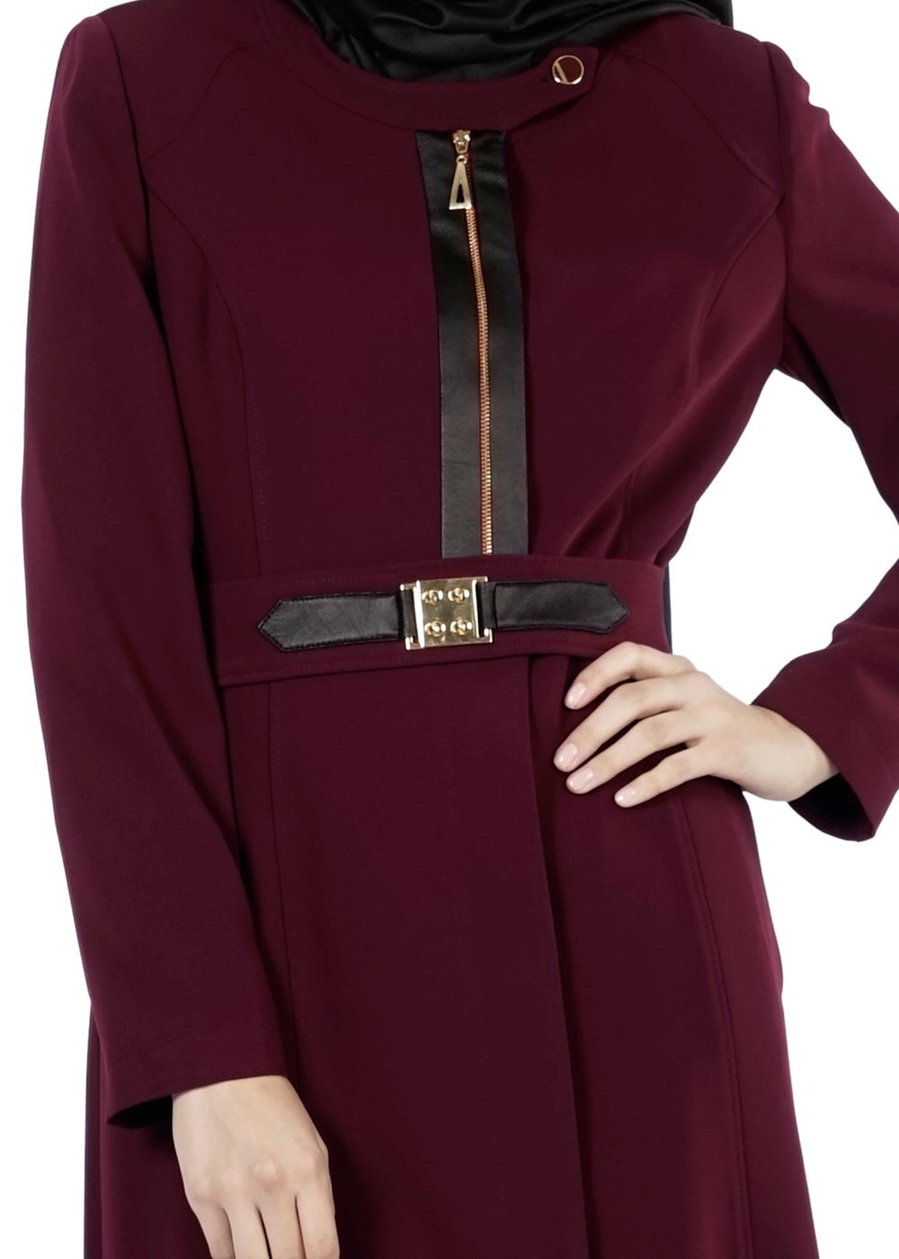 Tesettür giyim BORDO FERMUARLI KEMERLİ TRENÇKOT 1324