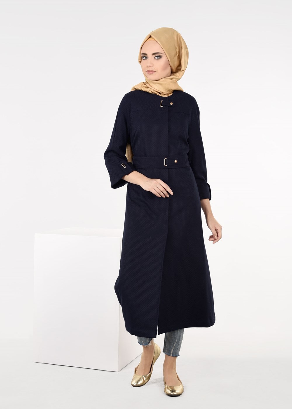 Tesettür giyim LACİVERT KUŞAKLI TRENÇKOT 1364 