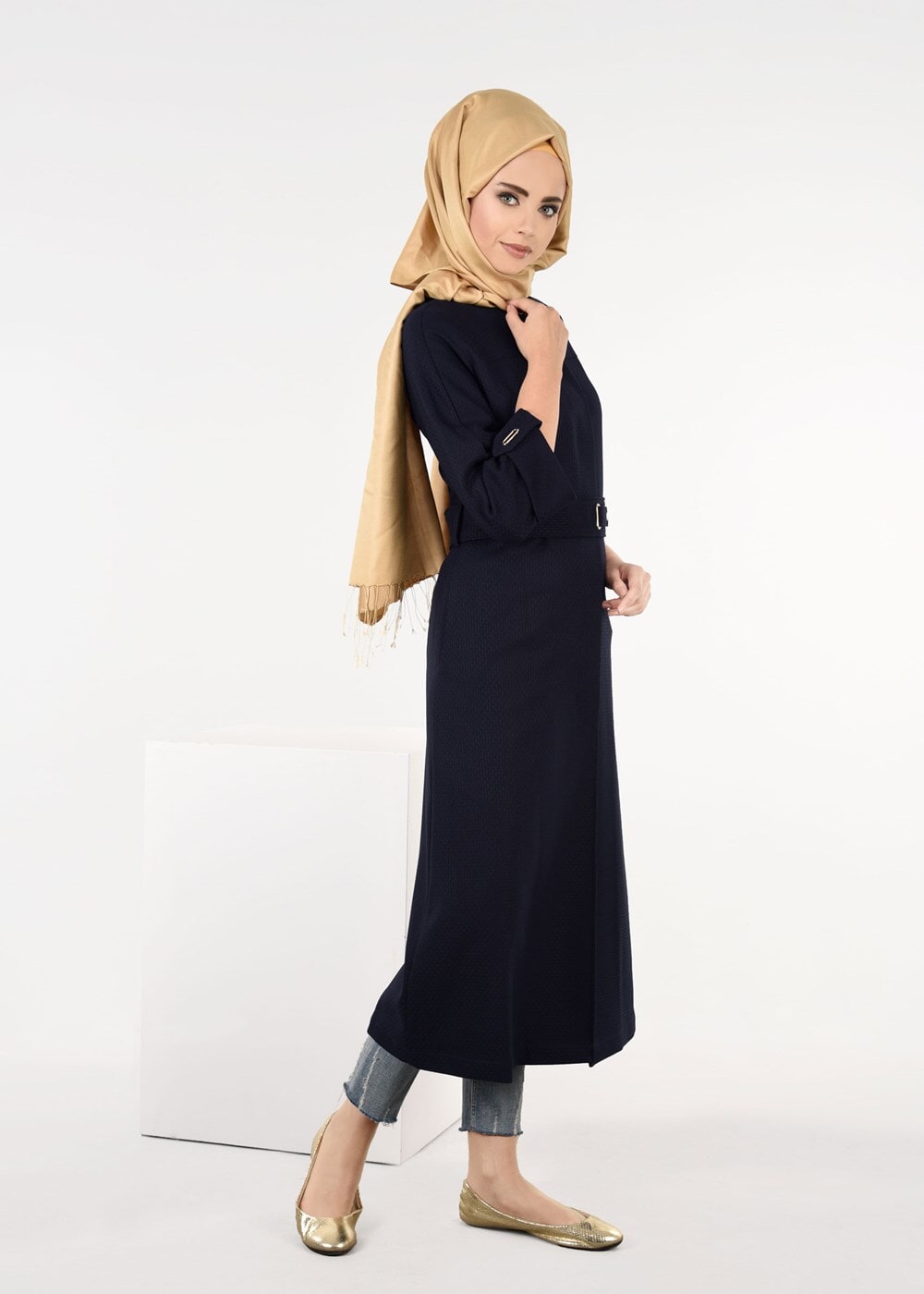Tesettür giyim LACİVERT KUŞAKLI TRENÇKOT 1364 
