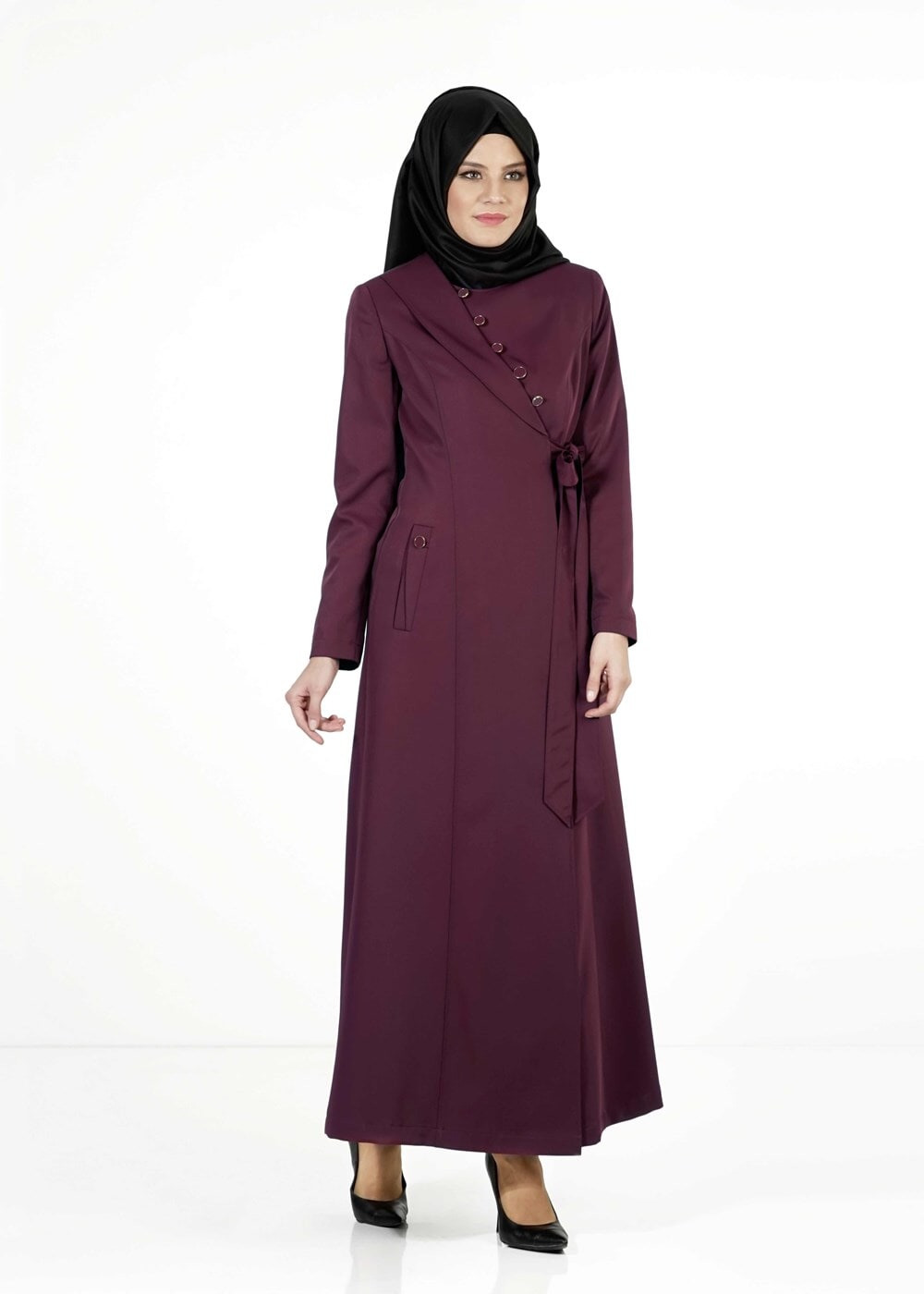 Tesettür giyim BORDO BAĞLAMA DETAYLI PARDESÜ 1382 