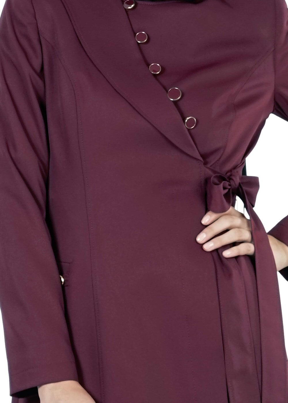 Tesettür giyim BORDO BAĞLAMA DETAYLI PARDESÜ 1382 