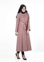 Tesettür giyim PUDRA DÜĞME DETAYLI KUŞAKLI PARDESÜ 1385 