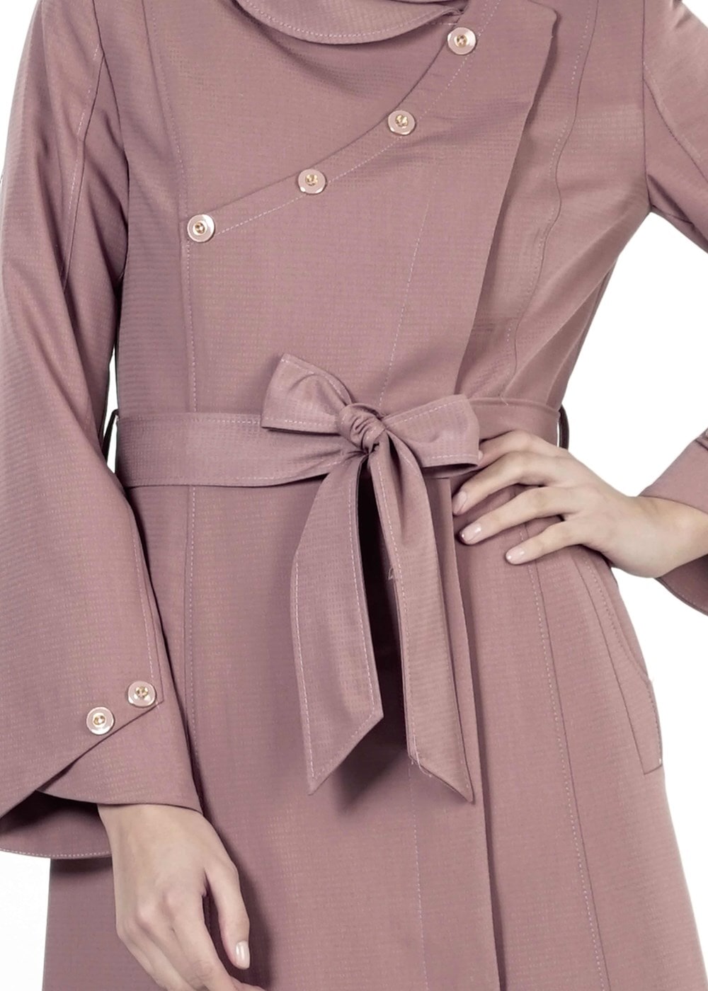 Tesettür giyim PUDRA DÜĞME DETAYLI KUŞAKLI PARDESÜ 1385 