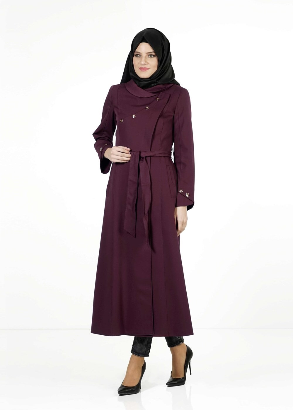 Tesettür giyim MOR DÜĞME DETAYLI KUŞAKLI PARDESÜ 1385 