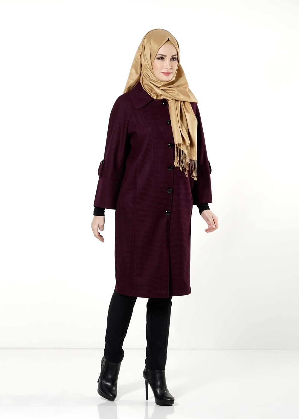 Tesettür giyim BORDO BEBE YAKA GENİŞ KESİM TRENÇKOT 1390 