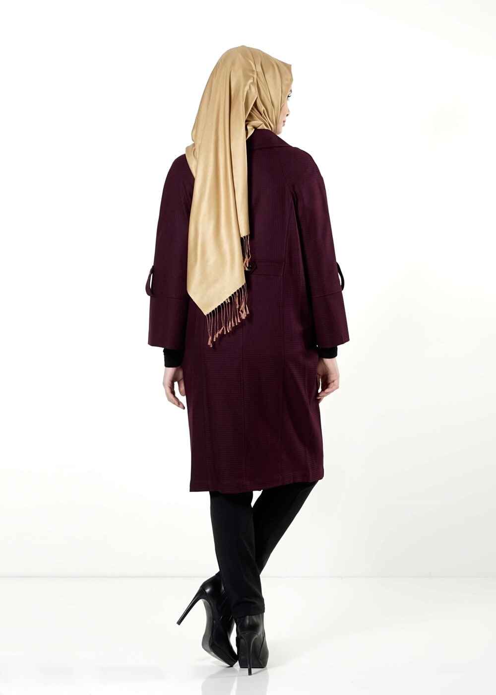 Tesettür giyim BORDO BEBE YAKA GENİŞ KESİM TRENÇKOT 1390 