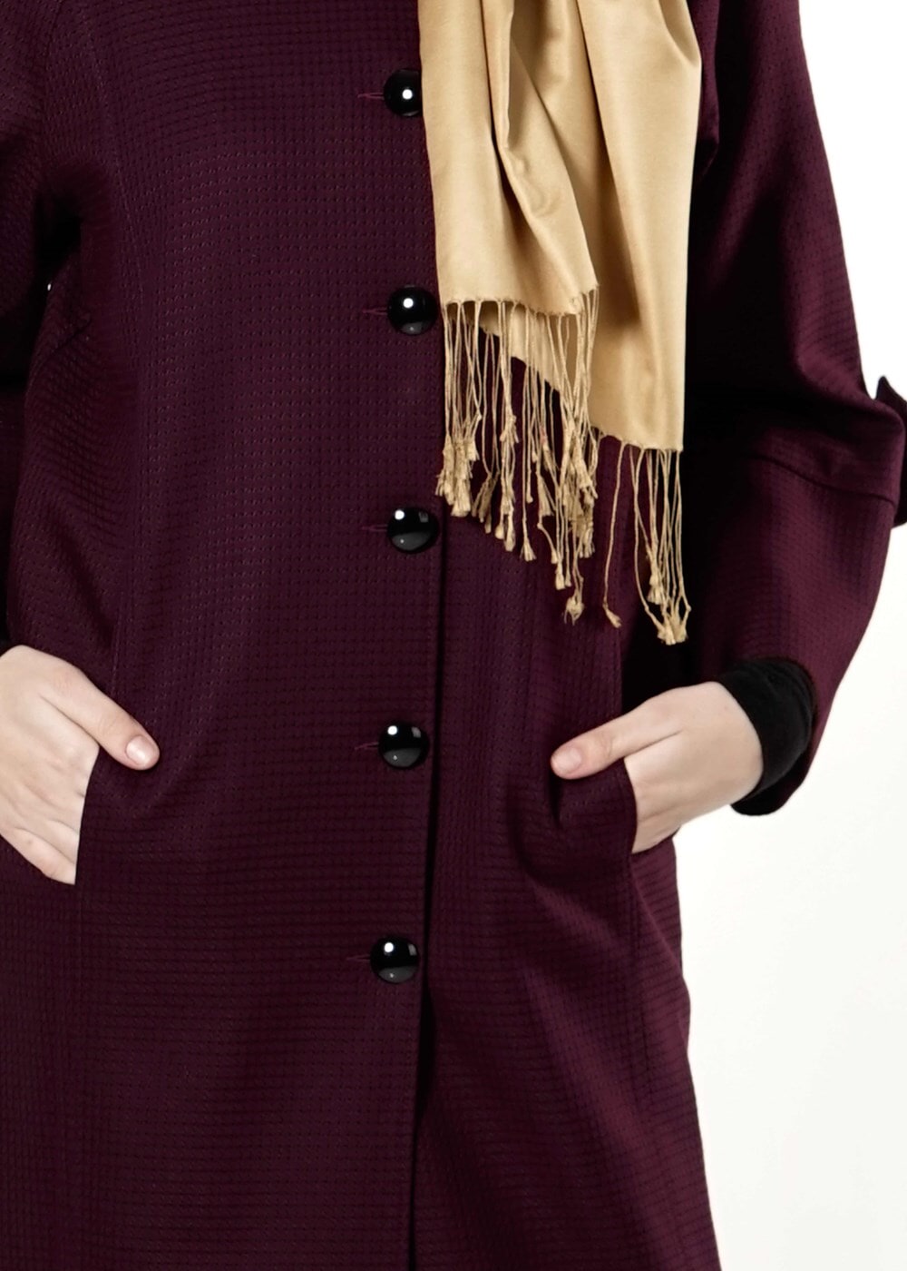 Tesettür giyim BORDO BEBE YAKA GENİŞ KESİM TRENÇKOT 1390 