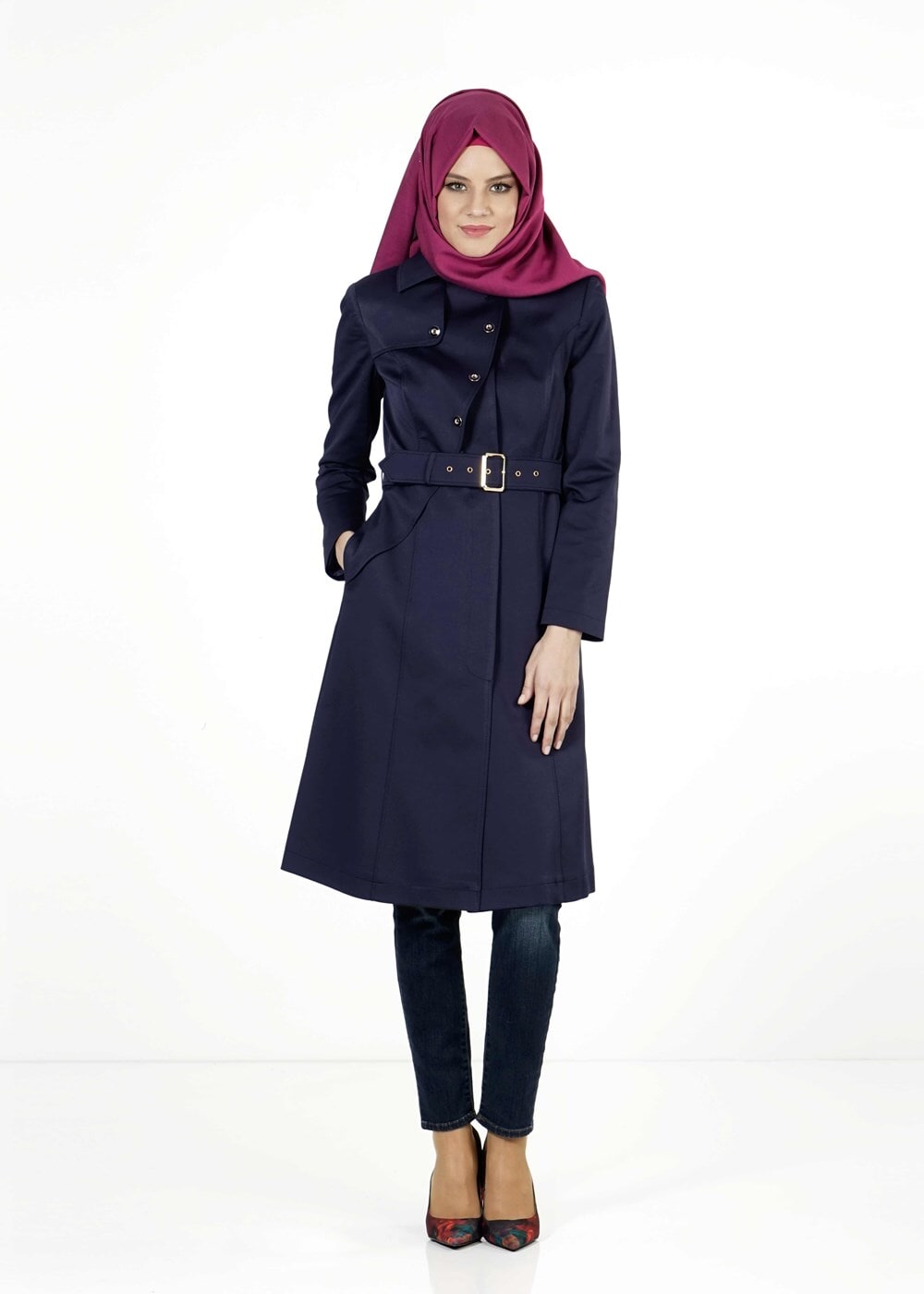 Tesettür giyim LACİVERT KEMERLİ TRENÇKOT 1393