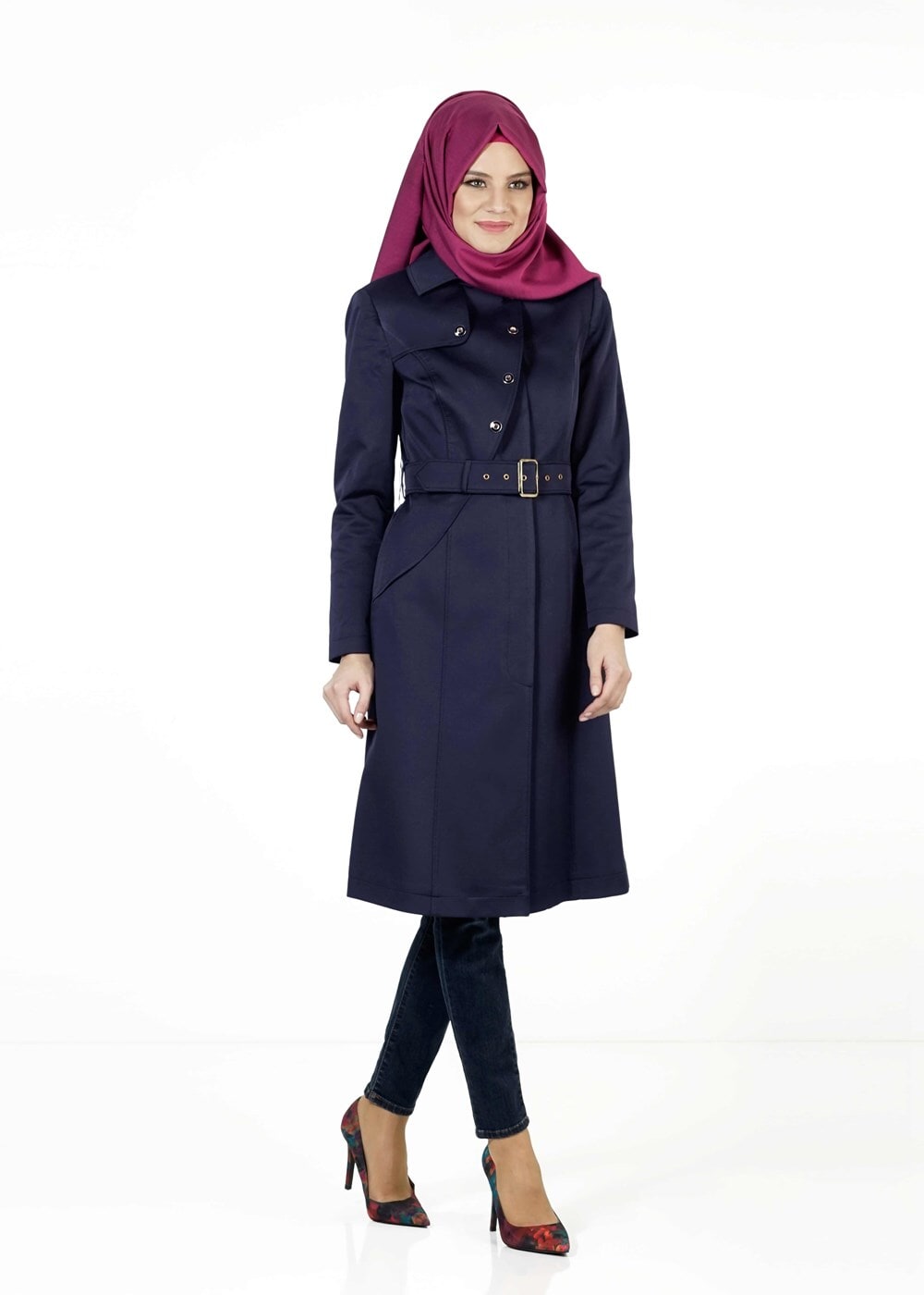 Tesettür giyim LACİVERT KEMERLİ TRENÇKOT 1393