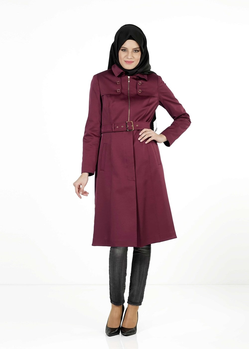 Tesettür giyim BORDO FERMUARLI KUŞAKLI TRENÇKOT 1394 