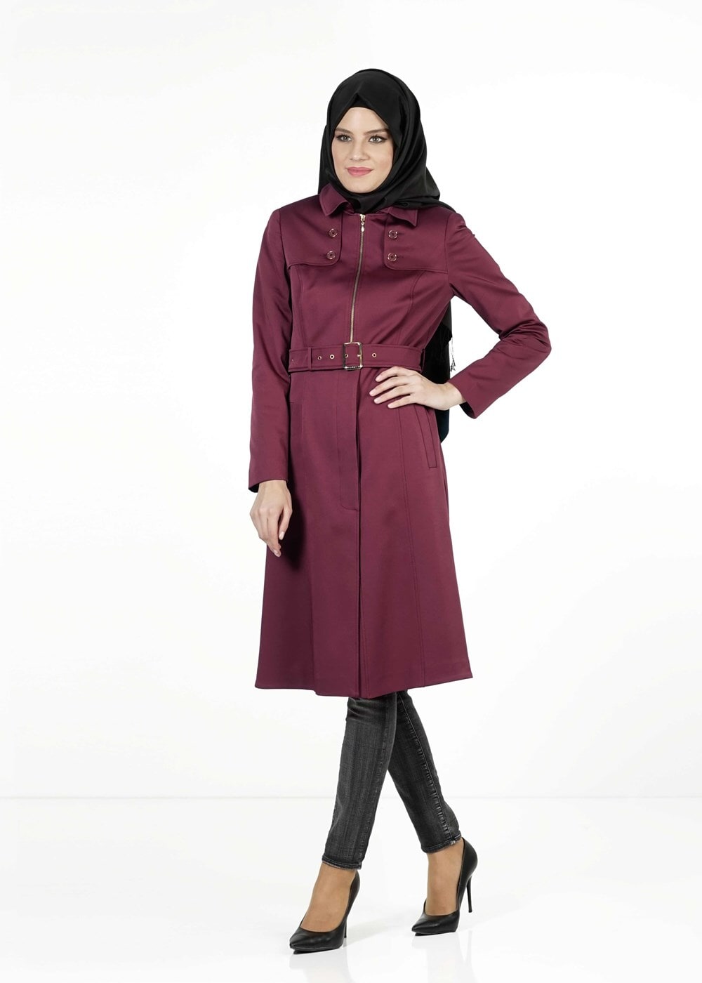 Tesettür giyim BORDO FERMUARLI KUŞAKLI TRENÇKOT 1394 
