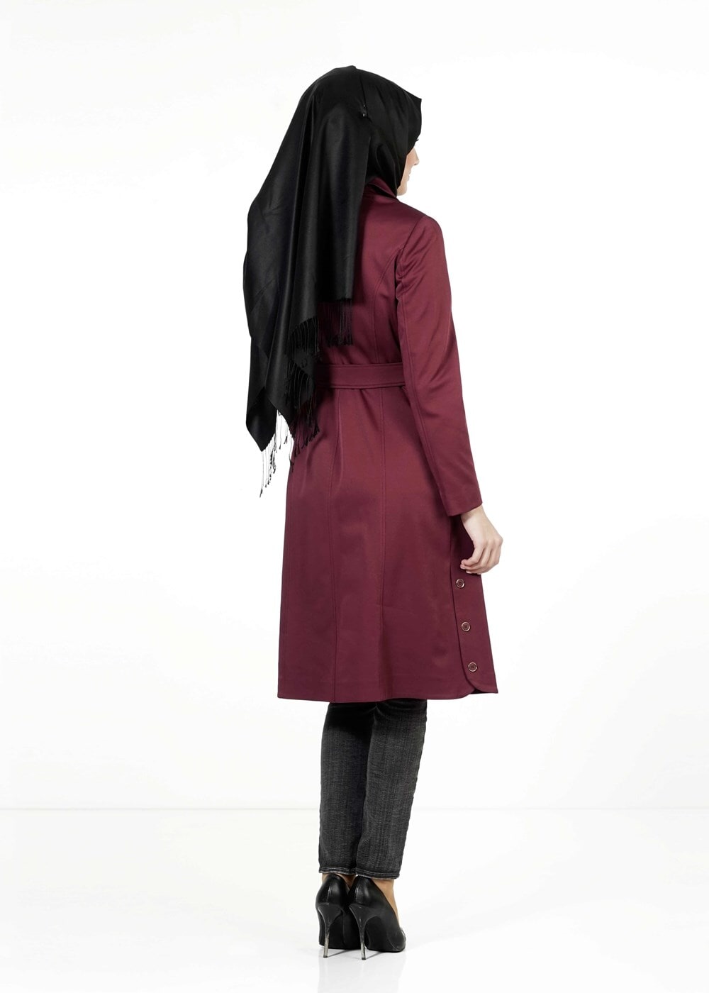 Tesettür giyim BORDO FERMUARLI KUŞAKLI TRENÇKOT 1394 