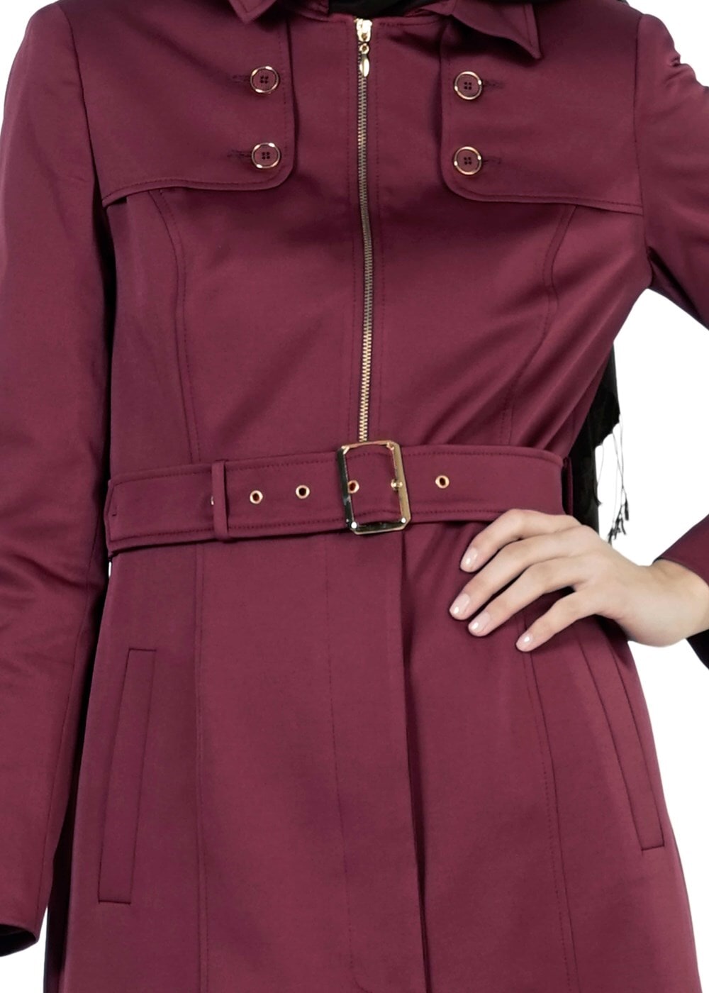 Tesettür giyim BORDO FERMUARLI KUŞAKLI TRENÇKOT 1394 