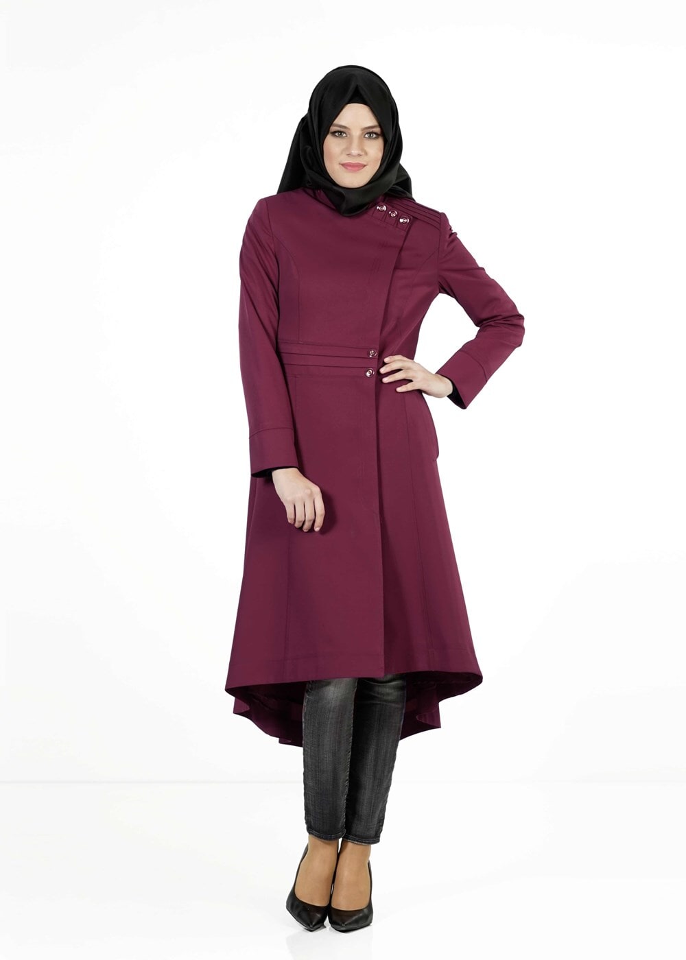 Tesettür giyim BORDO KUYRUKLU TRENÇKOT 1398